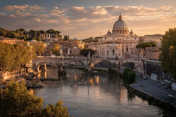 Fototapeta premium St. Peters Basilica and Ponte SantAngelo at Sunset, Rome, Italy.