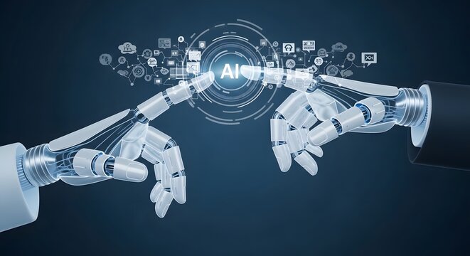 Robotic hands connecting with AI interface and digital icons