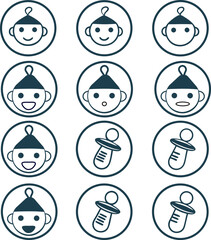 Collection of playful baby icons with pacifiers and pacifier accessories