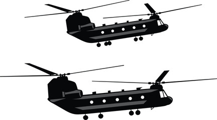 Two military helicopters flying in formation, transport aircraft silhouette, rotor blades spinning, aviation technology, airborne vehicles, defense, air force, tactical flight.