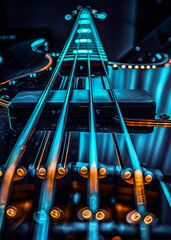 a close up shot of a guitar with blue and orange lights on the strings and fretboard in a dark room