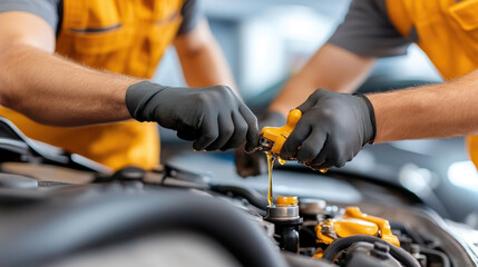 Professional auto mechanics in gloves changing car engine oil, providing maintenance service, ensuring vehicle reliability and automotive performance