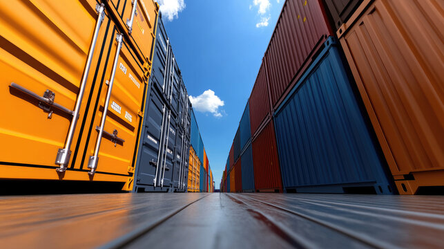 Stacked shipping containers lining a shipping yard, representing global logistics, international trade, supply chain management, and cargo transportation industry
