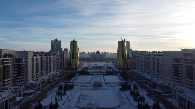 Drone flight above Astana city center with skyscrapers and Baiterek Tower. Capital of Kazakhstan, Qazaqstan