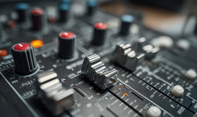 Detailed Close-Up of an Audio Mixer Control Panel with Knobs and Faders