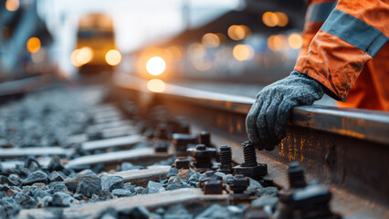 A railway maintenance worker inspecting rail fasteners and sleepers.