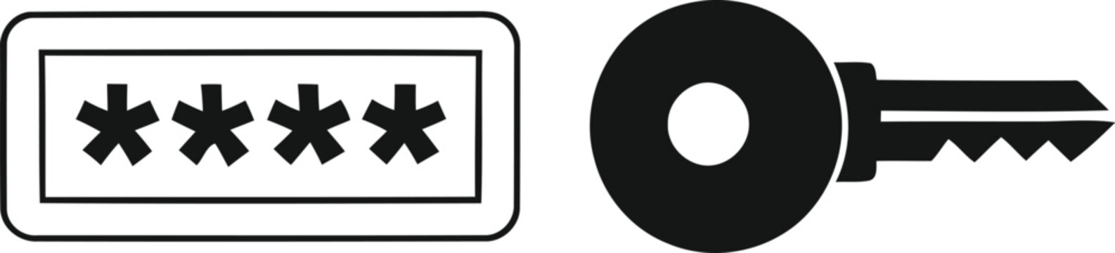 Black and white icon of a smartphone with four obscenities next to a large key isolated on transparent background