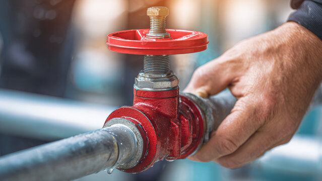 A fire sprinkler system inspector testing pressure valve. Concept of building fire safety and regulation.