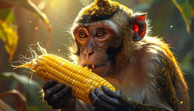 A close-up view of a monkey devouring a cob of corn, lit by warm sunlight filtering through vibrant green foliage