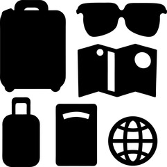 Essential travel accessories and items displayed in a minimalist black and white style.