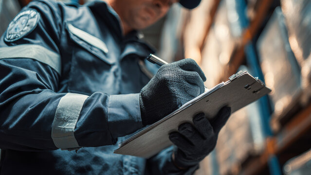A customs officer inspecting cargo seal number. Concept of international trade compliance and border control.