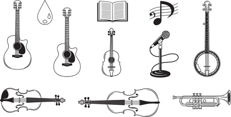 Black silhouette set of musical instruments including acoustic guitars, violin, trumpet, banjo, microphone, music notes, cad drawing flat vector illustration. © Creative_Solution