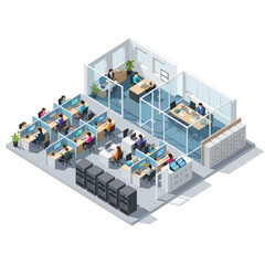 Obraz premium Isometric view of a modern office interior with employees working at their desks.