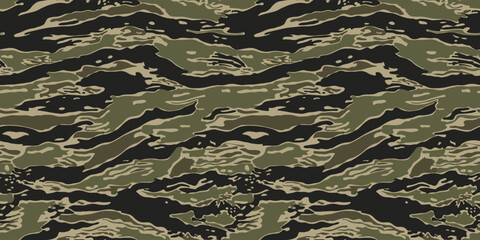 Green and Black Tiger Stripe Camouflage Pattern Military Tactical Fabric Texture, vector modern print, seamless fabric texture. © Rashid