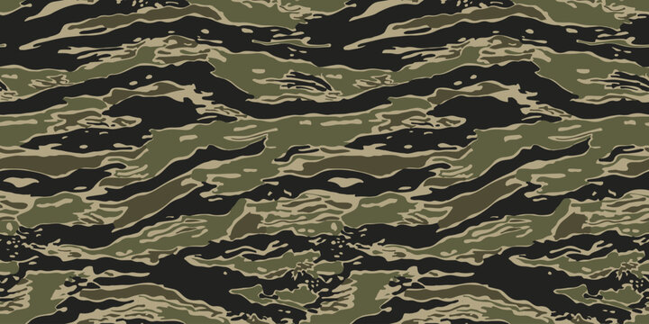 Green and Black Tiger Stripe Camouflage Pattern Military Tactical Fabric Texture, vector modern print, seamless fabric texture.