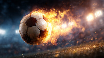 Fototapeta premium A soccer ball on fire flying through the pitch.