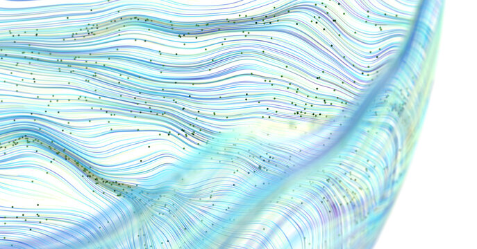Abstract image featuring flowing lines and dot elements, representing concepts like data flow, connections, and networks