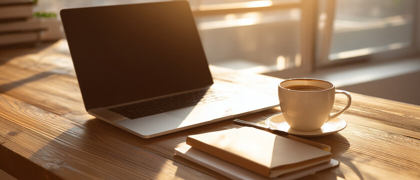 Notebook sobre mesa com caf&eacute; e caderno representando ambiente de trabalho, produtividade, rotina profissional e conceito de home office