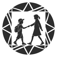 Children walking and holding hands in silhouette design  