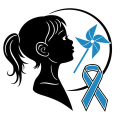 Young girl silhouette with pinwheel and blue awareness ribbon  