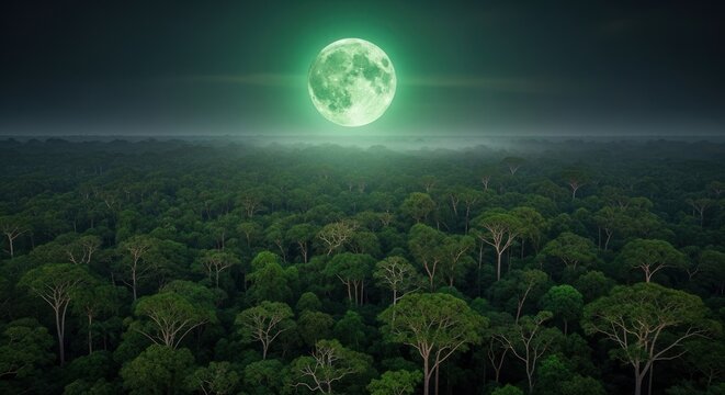 Forest canopy under a luminous green moon in a dark night sky