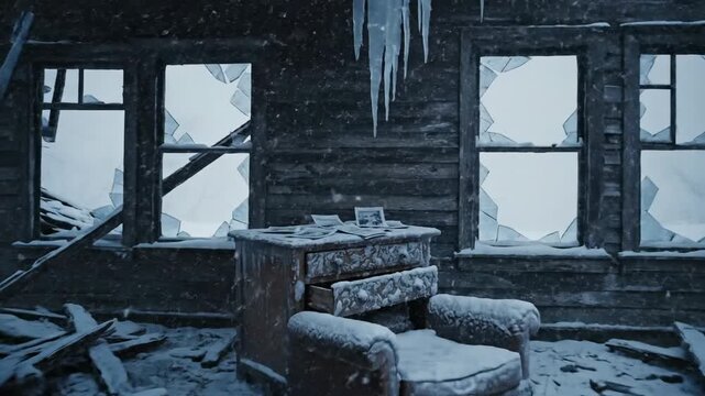 Ruined house interior in winter