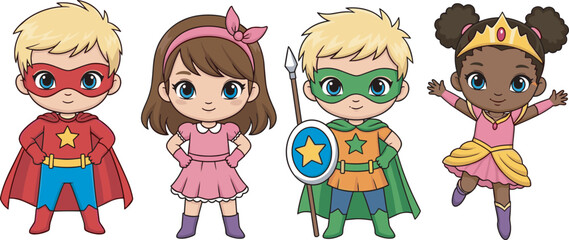 Cute kids superhero and princess costumes cad drawing flat vector illustration group of diverse children in party masks isolated set © Creative_Solution