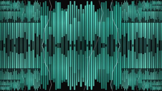 Symmetrical abstract teal metallic tube columns pulsating in a psychedelic, geometric, audio equalizer pattern against a dark background.