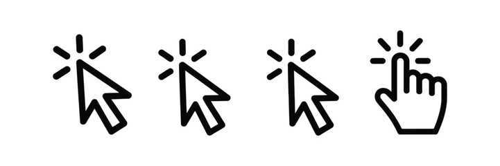 Obraz premium Hand-drawn mouse cursor collection, doodle style computer pointer and click icons, isolated vector symbols for UI, web, and digital interface design, playful sketch illustration set.