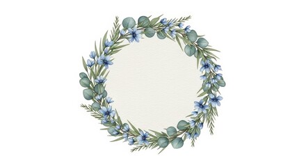 Obraz premium Delicate watercolor wreath of eucalyptus leaves and soft blue flowers forming a circular frame with empty center, ideal background for invitations, cards, branding and decor. Generative AI.