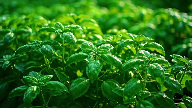 Lush green basil plants growing densely in a sunny summer herb garden