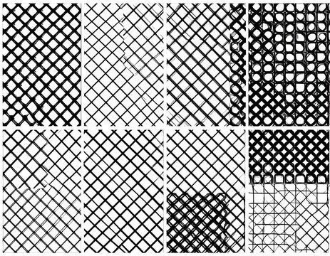A compilation of eight black and white pattern designs, each featuring variations of diagonal and grid-like lines creating different textures