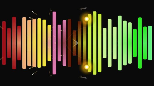 Vibrant, glowing equalizer bars pulsate with rainbow hues, creating dynamic sound wave visualization, abstract digital art with bright energetic bursts.