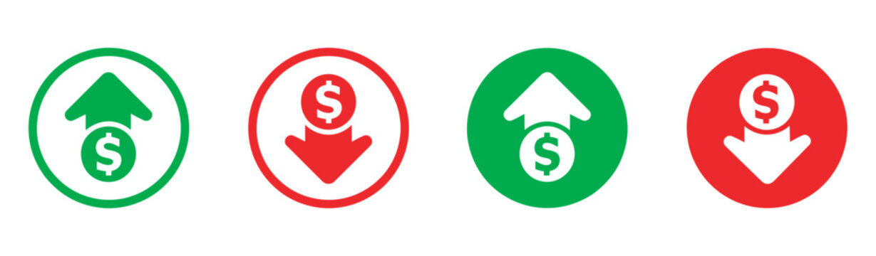 Dollar Price Up Down Vector Icon, Flat Line Style, Dollar Coin Graph, Money Cost Arrow, Growth Decline, Currency Investment, Market Price