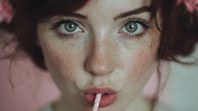 A portrait of a charming woman with vibrant blue eyes and freckles drinking a beverage through a straw