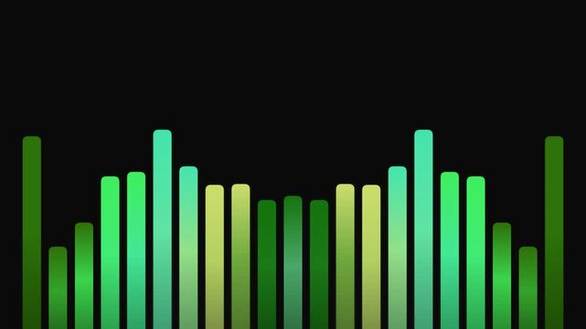 Abstract digital sound wave visualization with pulsating green bars against a stark black background, capturing dynamic audio rhythm in a minimalist graphic.
