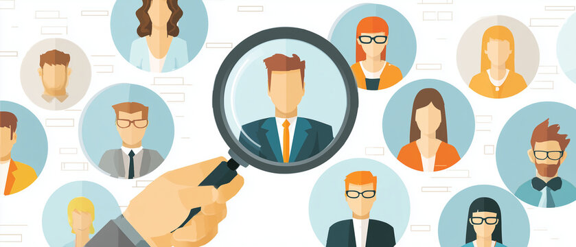 Ilustra&ccedil;&atilde;o de sele&ccedil;&atilde;o profissional com lupa destacando candidato ideal em processo de recrutamento e gest&atilde;o de talentos.