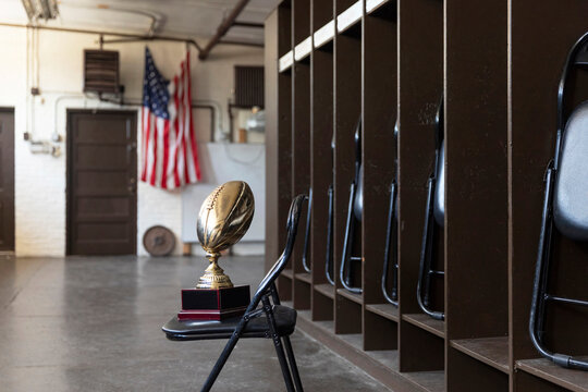 Football trophy in locker room 