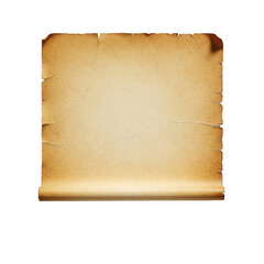 An ancient, weathered parchment scroll with a rustic, aged appearance isolated on transparent background.