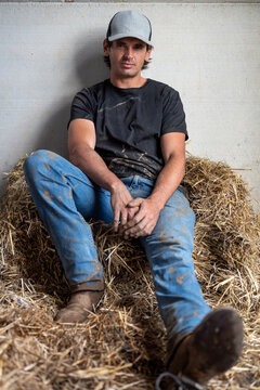 Cowboy Resting On Straw Bale Inside Stable