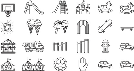 Set of playground and childhood icons including slide, swing, carousel, ice cream, skateboard, car, and tent, cad drawing flat vector illustration. © Creative_Solution