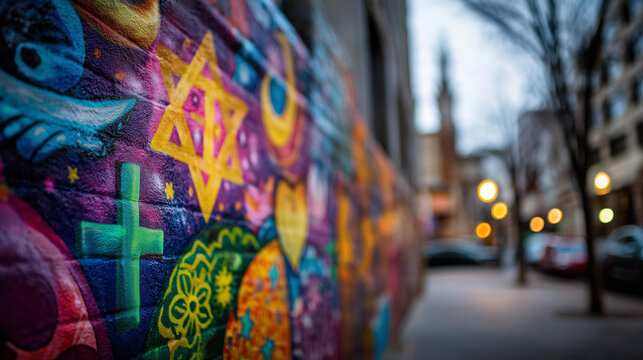 Vibrant mural depicting peaceful coexistence of multiple religions with symbols including cross, crescent, sacred syllable, and six-pointed star intertwined in colorful harmony,