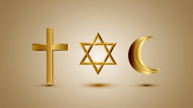 Three monotheistic religions symbol showing cross, six-pointed star and crescent, interreligious or interfaith concept, religious harmony, spiritual unity, symbolic