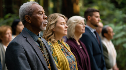 Obraz premium Spiritual ceremony with faceless participants from various faiths and backgrounds in peaceful setting, interfaith worship, multicultural service, shared prayer, outdoor or indoor