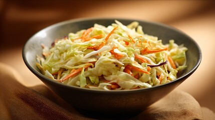 Coleslaw in matte bowl against warm beige background, calm timeless look