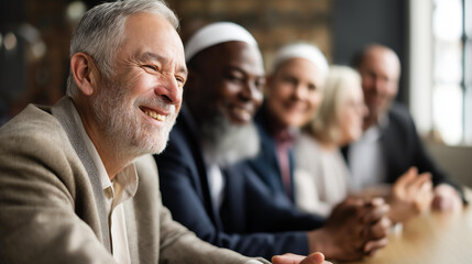 Obraz premium Faceless participants from various faiths engaged in interfaith dialogue promoting peace tolerance unity and harmony among cultures, showcasing friendship across religions, conference