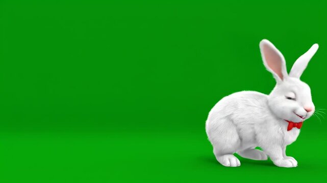 Expressive 3D White Rabbit Character with Red Bow Tie Dynamically Posing and Hopping on Green Screen
