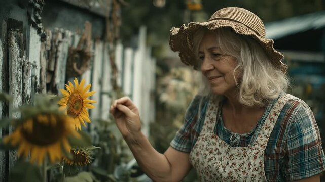 Senior woman gently examining sunflower in lush garden. Tender moment, appreciating nature's beauty. Rural scene, peaceful countryside. Mature lady with flower. Harvesting season joy.