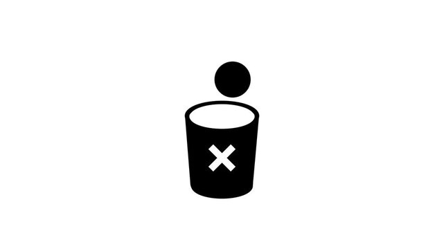 A small circular object is captured mid-air as it falls toward an open trash bin with an X mark on the side symbolizing the deletion of a file