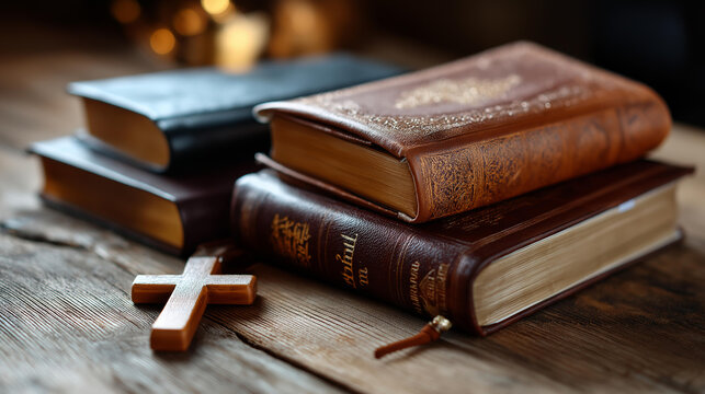 Three monotheistic faiths represented by Bible, Quran and Torah, interfaith or interreligious religious symbols, faith and spirituality concept, sacred texts displayed, respectful